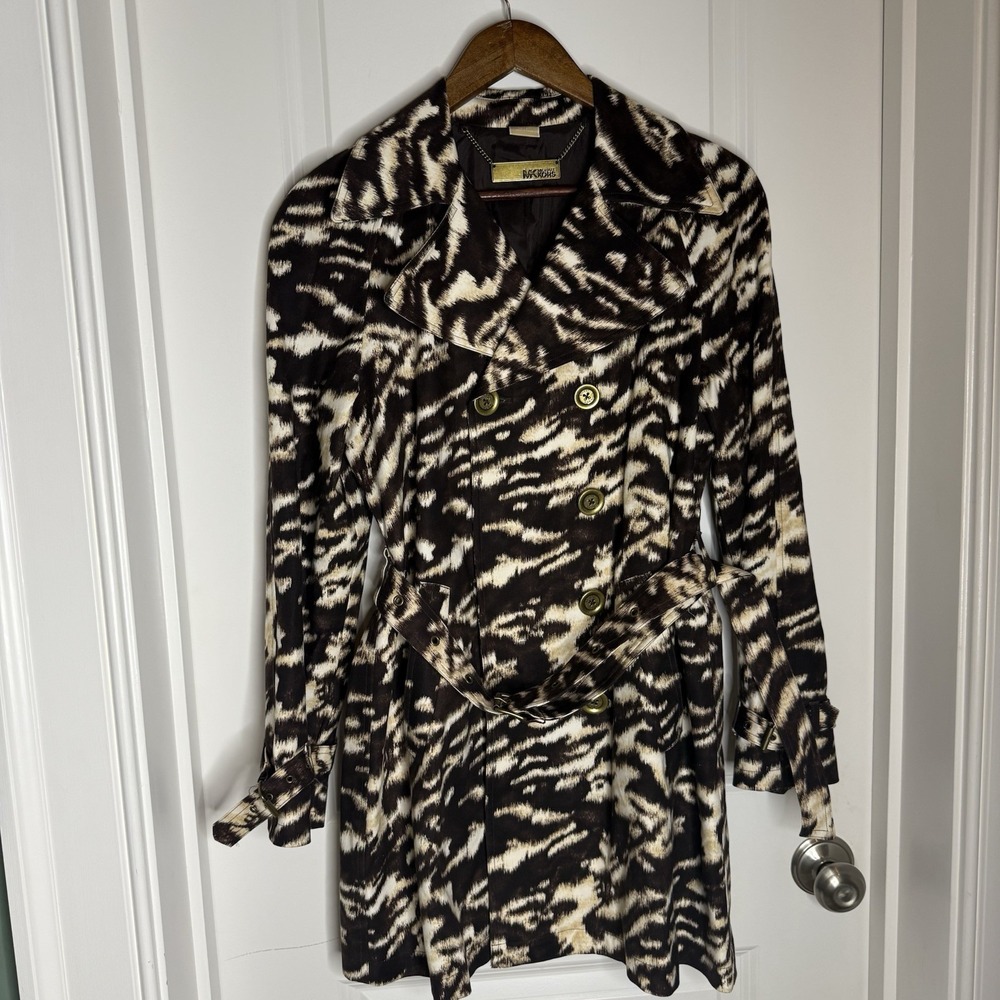 Michael Kors Zebra Animal Trench Coat Small Big Buttons Belted Lined Classy